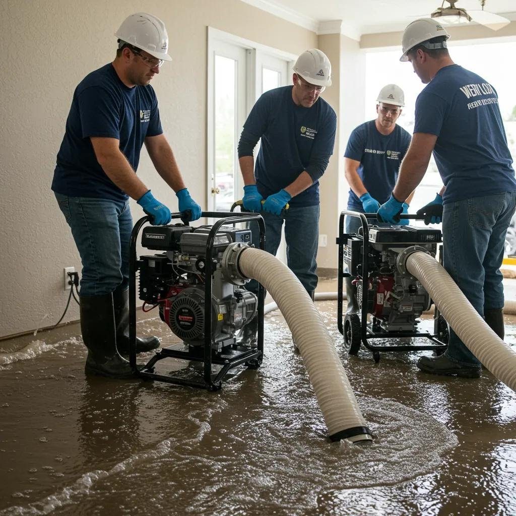 Water damage restoration team working in a flooded interior